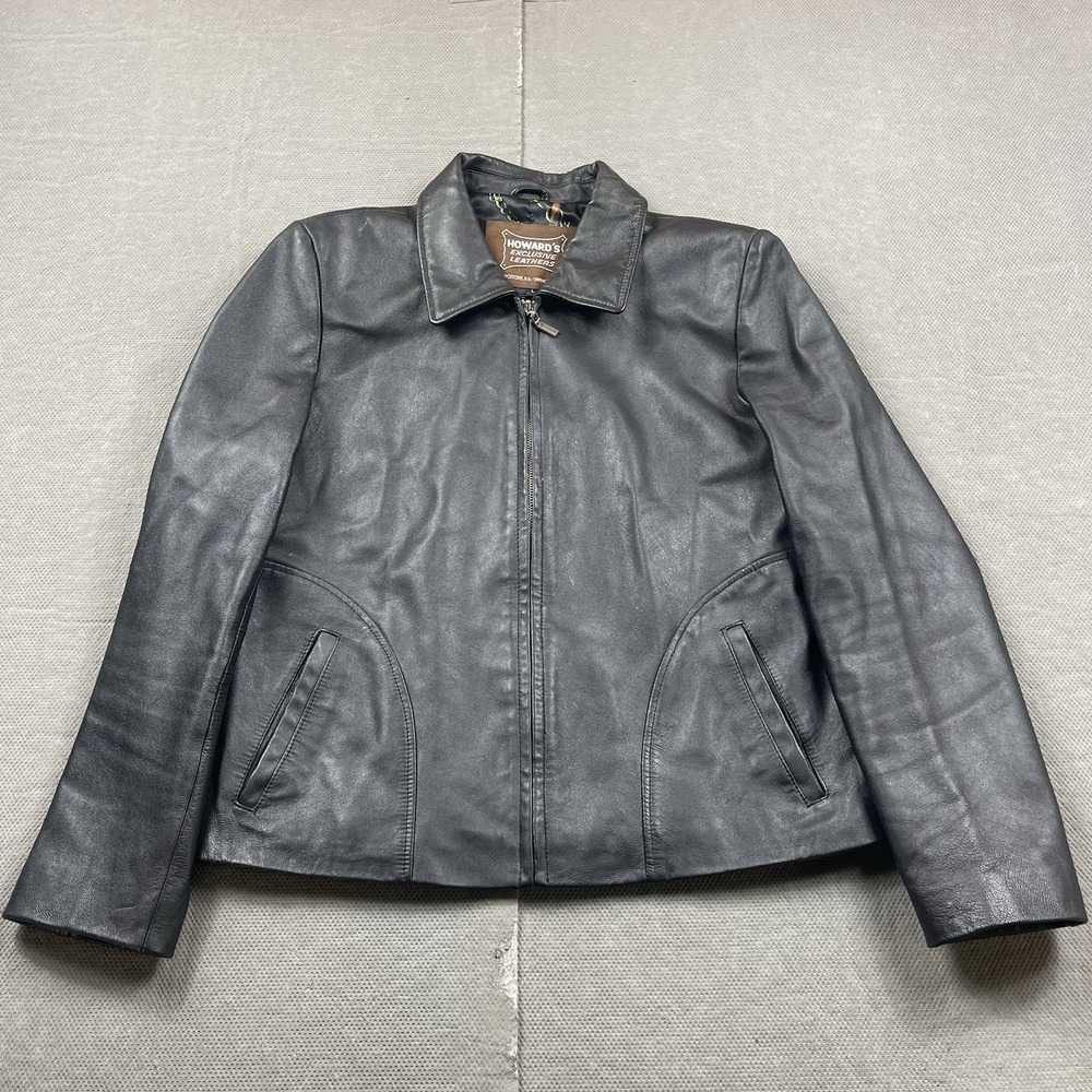 Howard's Exclusive‎ Leathers Jacket Womens Large Black Graphic Lined Full Zip